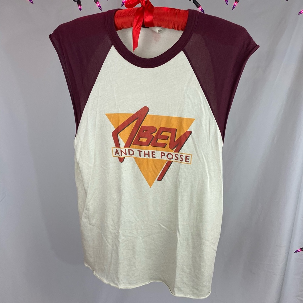 Obey Women’s White Muscle Tee with Maroon Raglan Sleeves